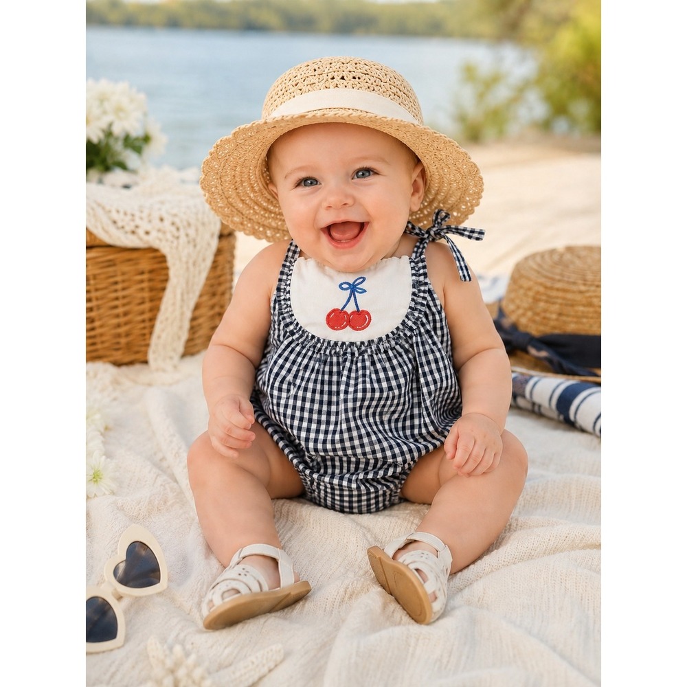 NEW Crown & Ivy Baby Navy & White Check Cherry Embroidered Size 6 months